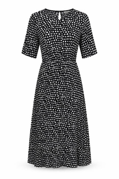 Front view of ASOS women’s black geometric polyester a-line, size UK 8, round neck button
