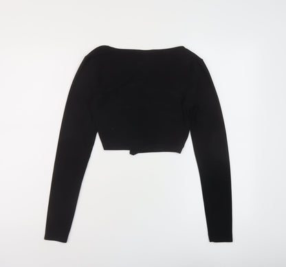 Back view of ASOS women’s black polyester cropped blouse, size UK 8, scoop neck