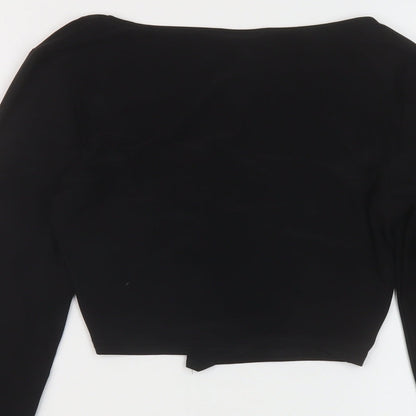 Brand and care label for ASOS women’s black polyester cropped blouse, size UK 8, scoop neck