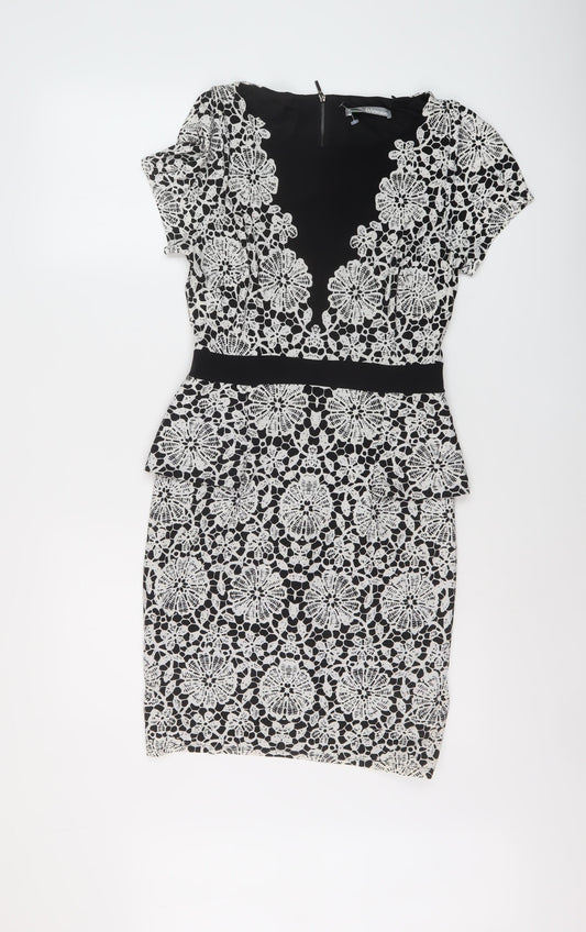 Marks and Spencer Womens Black Geometric Polyester Bodycon Size 8 Round Neck Zip