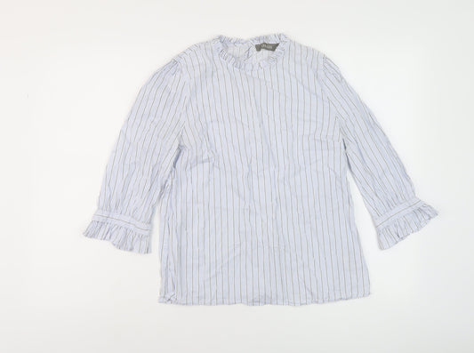 Oasis Womens Blue Striped Cotton Basic Blouse Size 10 Round Neck