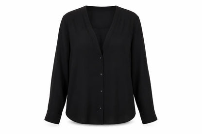Front view of ASOS women’s black polyester basic blouse, size UK 12, v-neck