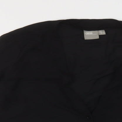 Close-up detail of ASOS women’s black polyester basic blouse, size UK 12, v-neck