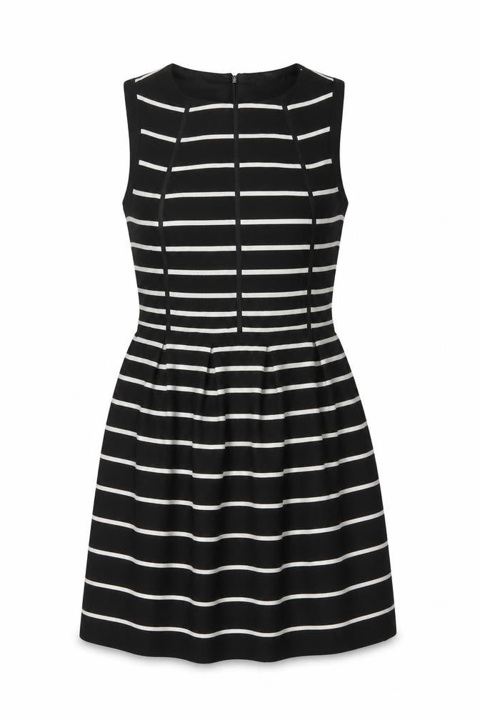 Oasis Womens Beige Striped Polyester A-Line Size 8 Round Neck Zip