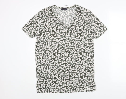 Marks and Spencer Womens Green Animal Print Polyester Basic T-Shirt Size 8 V-Neck - Leopard Print
