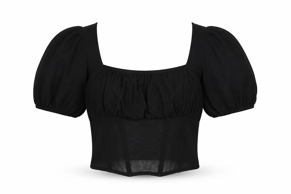 ASOS Womens Black Cotton Cropped Blouse Size 6 Square Neck - Mesh Corset Detail