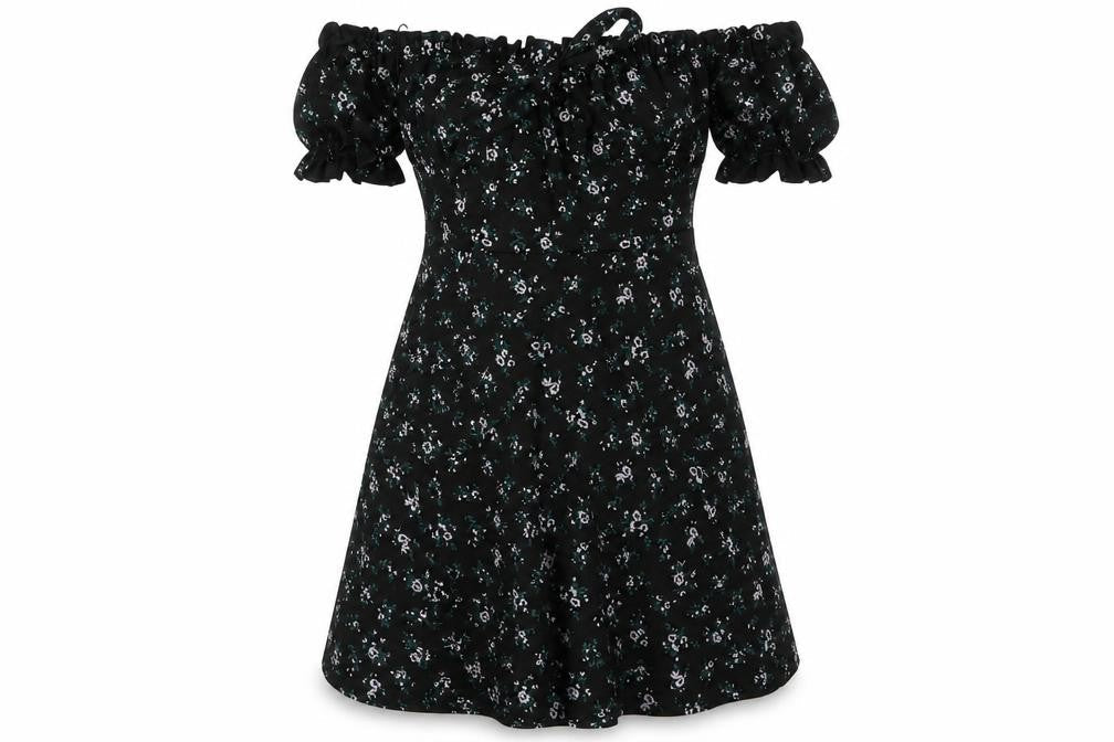 PRETTYLITTLETHING Womens Black Floral Polyester A-Line Size 10 Off the Shoulder Pullover - Bow