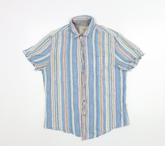 BHS Mens Multicoloured Striped Cotton Button-Up Size M Collared Button