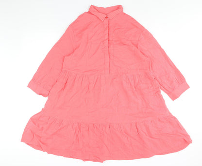 Next Womens Pink Cotton Shift Size 12 Collared Button - Smocked