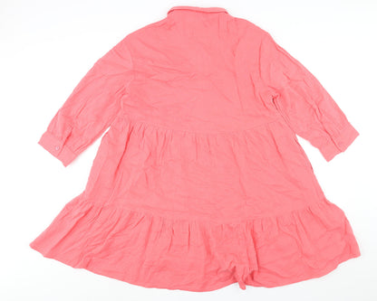 Next Womens Pink Cotton Shift Size 12 Collared Button - Smocked