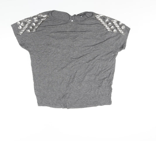 Warehouse Womens Grey Polyester Basic Blouse Size 14 Round Neck - Sequin Detail
