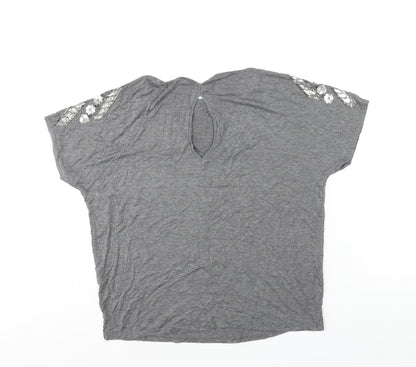 Warehouse Womens Grey Polyester Basic Blouse Size 14 Round Neck - Sequin Detail