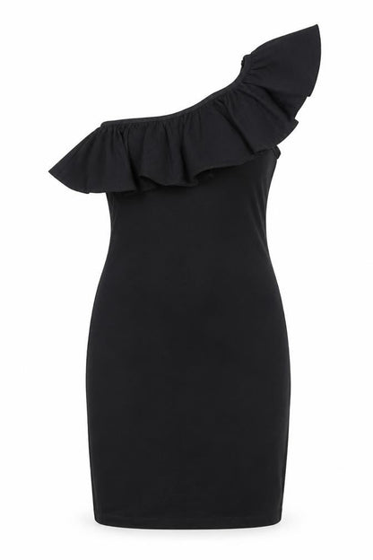 Front view of Miss Selfridge women’s black polyester bodycon, size UK 6, one shoulder pullover - frill