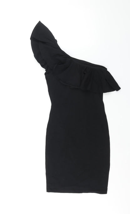 Back view of Miss Selfridge women’s black polyester bodycon, size UK 6, one shoulder pullover - frill