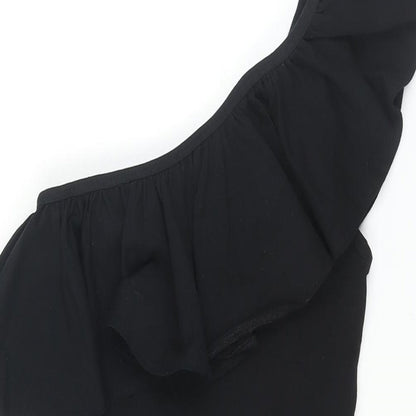 Close-up detail of Miss Selfridge women’s black polyester bodycon, size UK 6, one shoulder pullover - frill