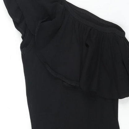 Brand and care label for Miss Selfridge women’s black polyester bodycon, size UK 6, one shoulder pullover - frill