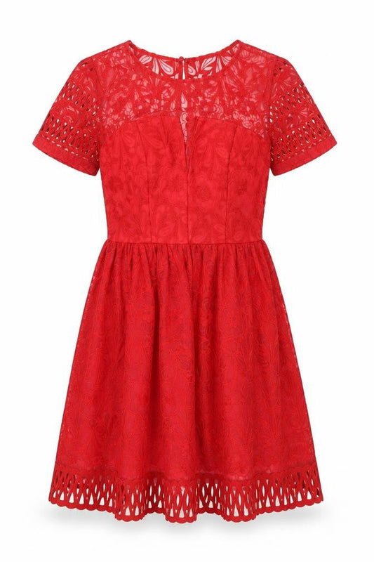 Chi Chi Womens Red Floral Polyester Fit & Flare Size 10 Round Neck Zip - Lace Detail Embroidered