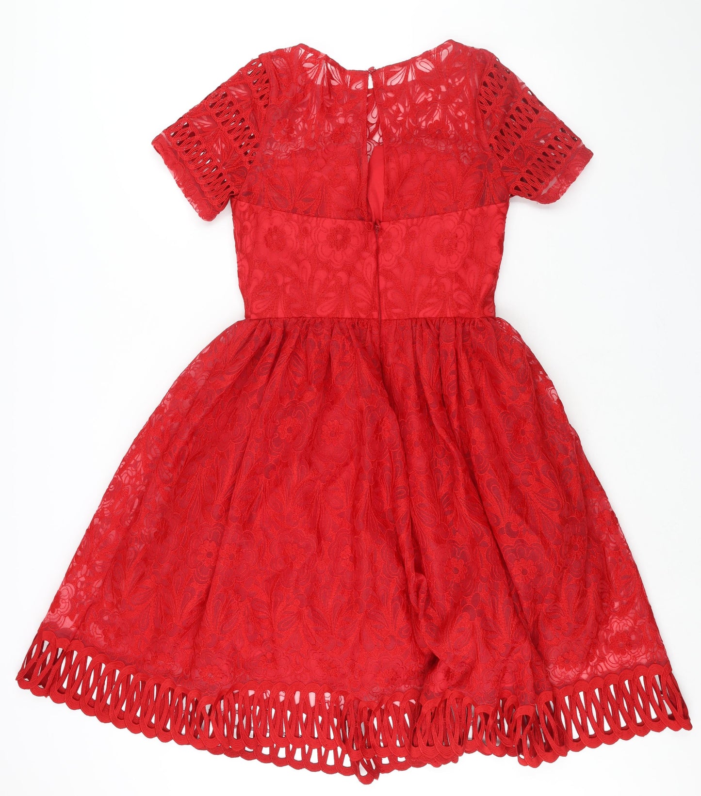 Chi Chi Womens Red Floral Polyester Fit & Flare Size 10 Round Neck Zip - Lace Detail Embroidered