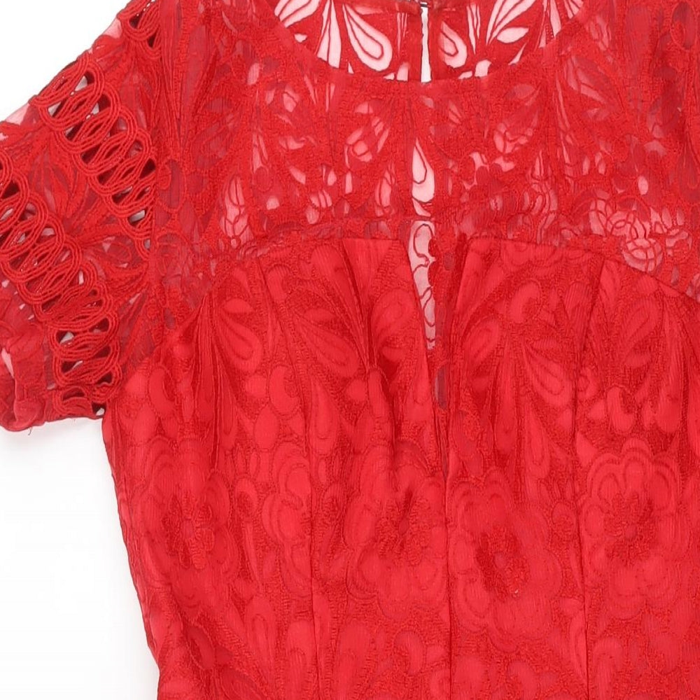 Chi Chi Womens Red Floral Polyester Fit & Flare Size 10 Round Neck Zip - Lace Detail Embroidered