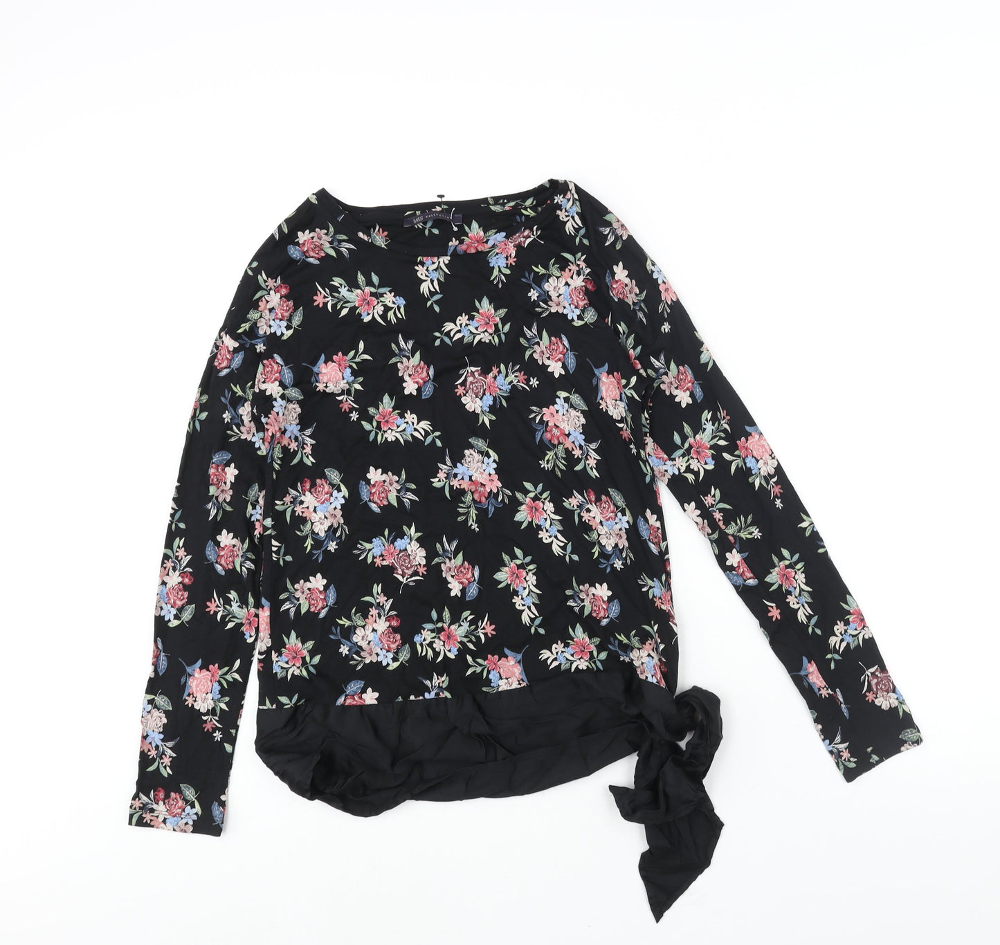 Marks and Spencer Womens Black Floral Viscose Basic Blouse Size 10 Round Neck - Tie Detail
