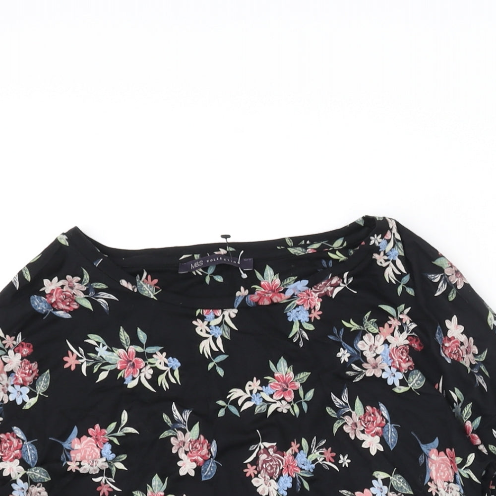 Marks and Spencer Womens Black Floral Viscose Basic Blouse Size 10 Round Neck - Tie Detail