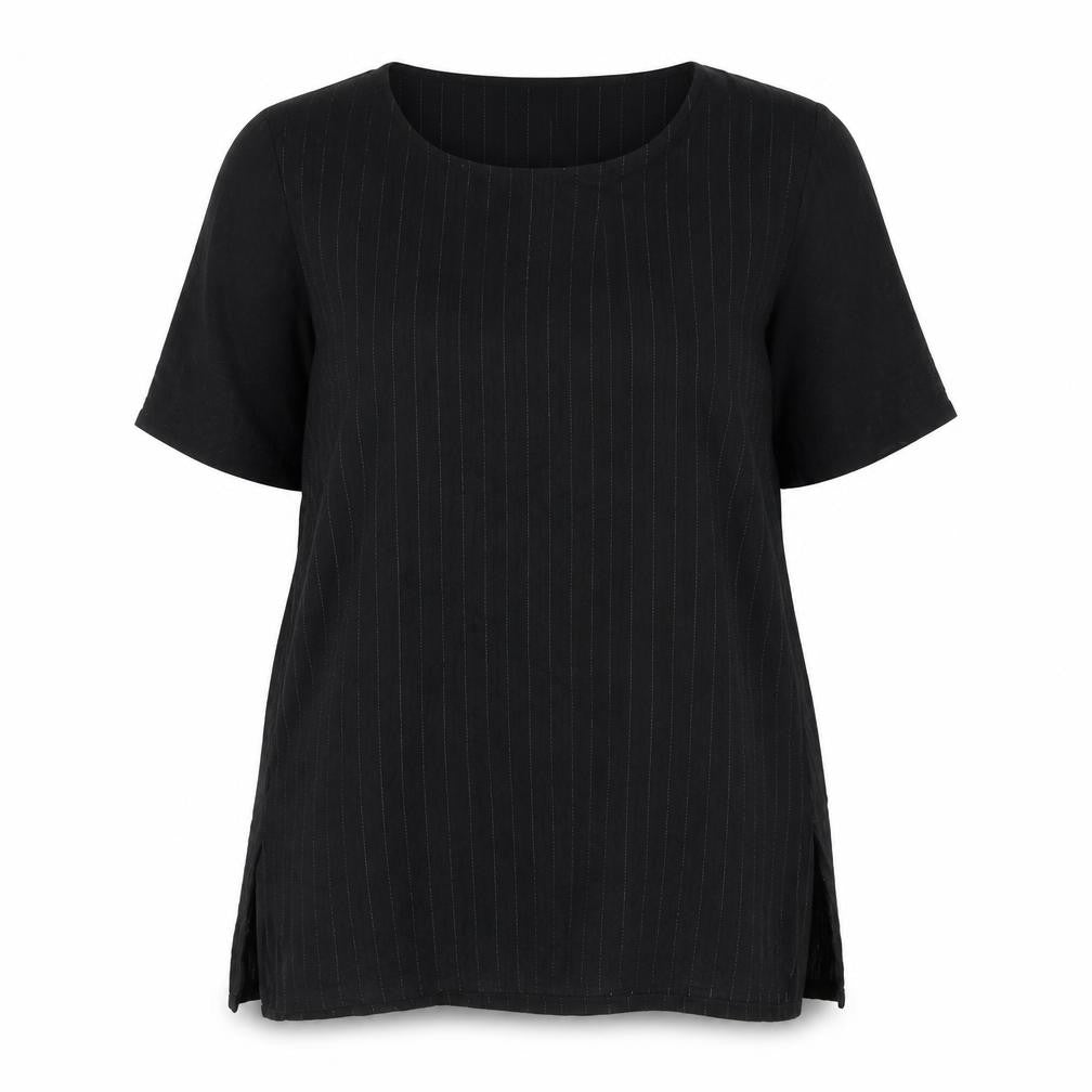 Autograph Womens Black Striped Viscose Basic Blouse Size 14 Round Neck - Mesh Sleeves