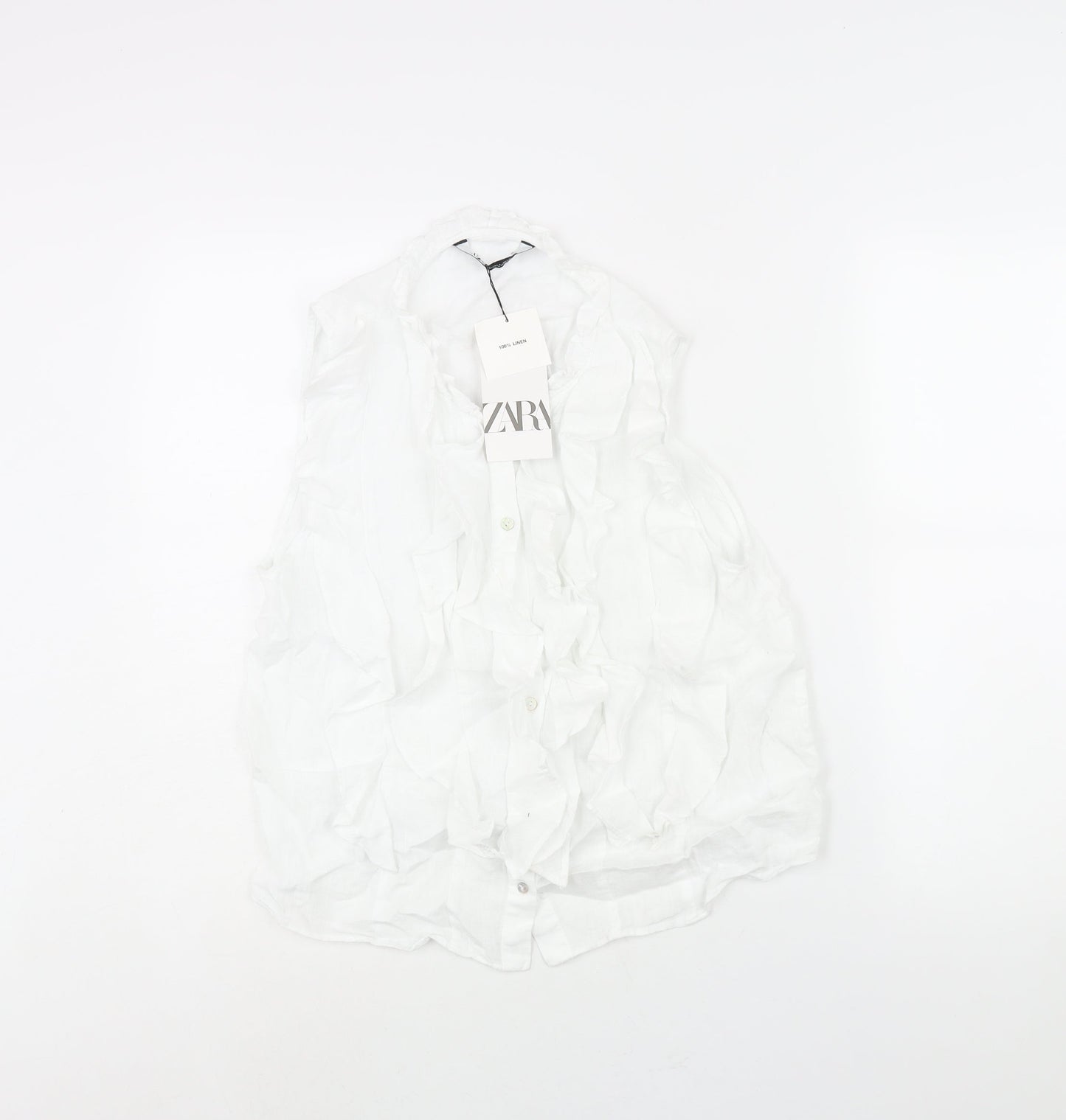 Zara Womens White Linen Camisole Blouse Size L Round Neck - Frill
