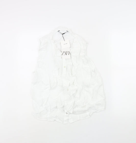 Zara Womens White Linen Camisole Blouse Size L Round Neck - Frill