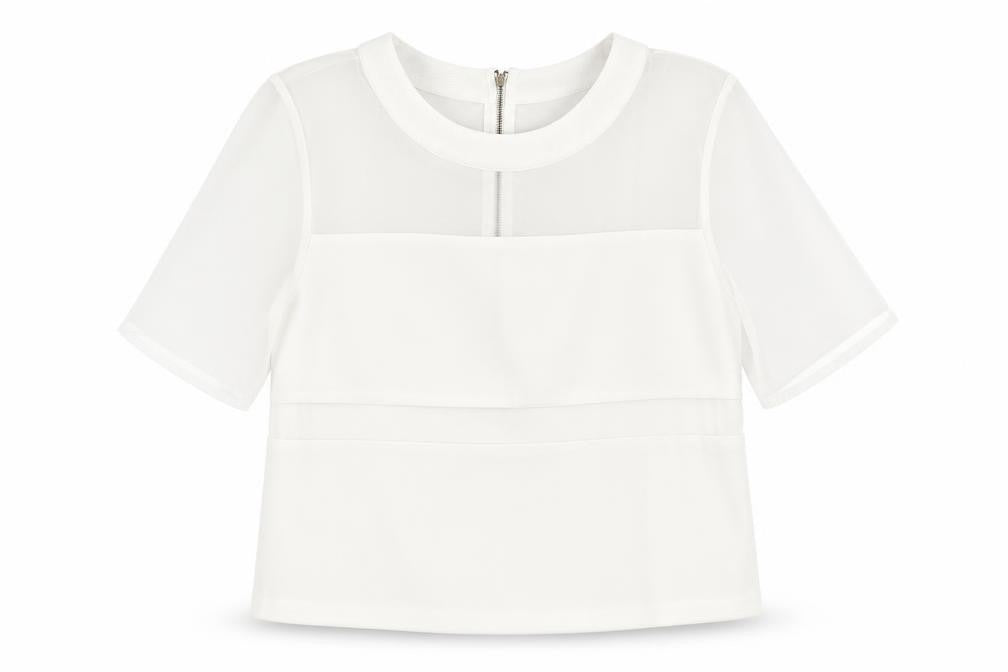 Topshop Womens White Polyester Basic Blouse Size 6 Round Neck - Semi Sheer Panel