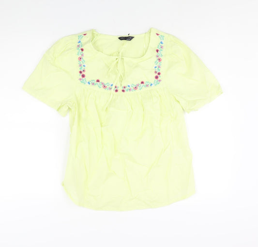 Marks and Spencer Womens Green Cotton Basic Blouse Size 8 Round Neck - Floral Embroidery