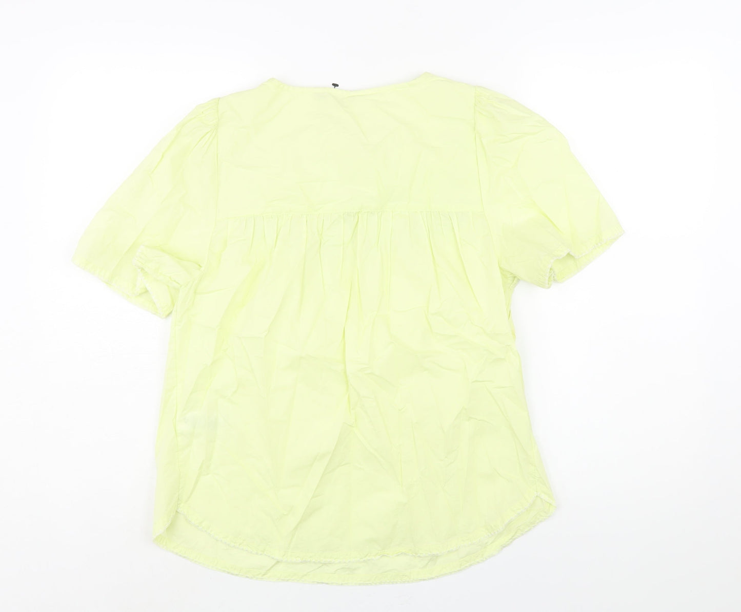 Marks and Spencer Womens Green Cotton Basic Blouse Size 8 Round Neck - Floral Embroidery