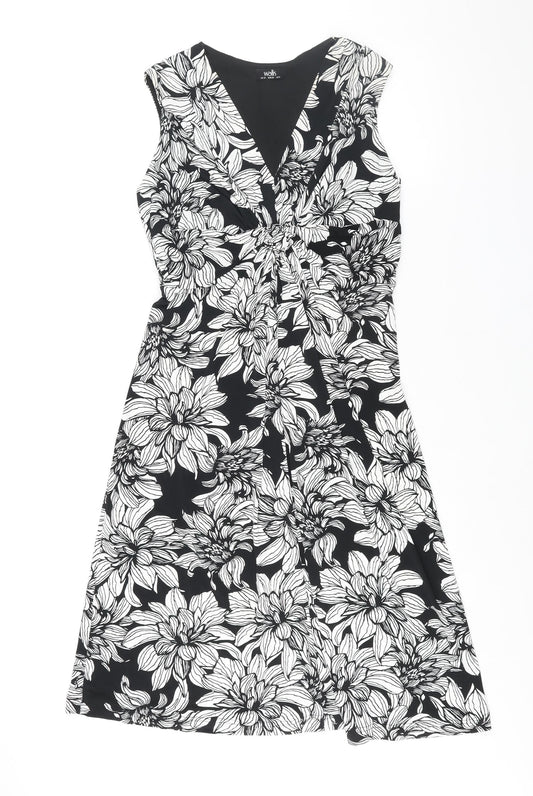 Wallis Womens Black Floral Polyester A-Line Size 10 V-Neck Pullover - Twist Detail