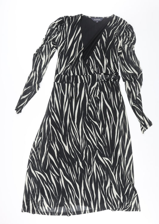 Sosandar Womens Black Geometric Polyester Wrap Dress Size 10 V-Neck Tie