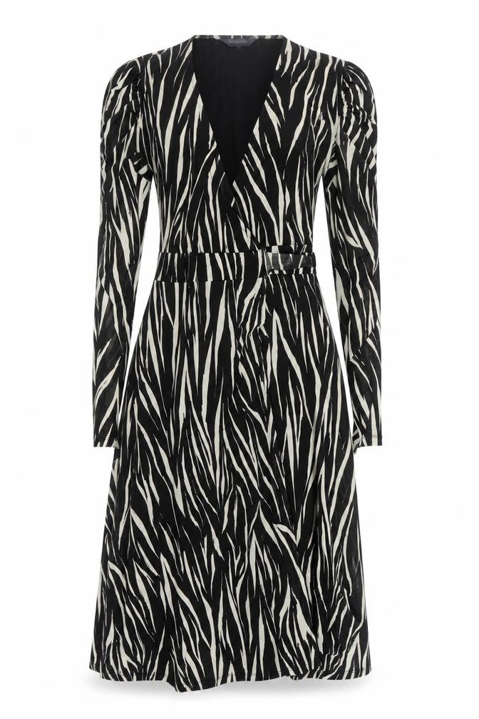 Sonsandar Womens Black Geometric Polyester Wrap Dress Size 10 V-Neck Tie