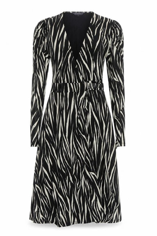 Sonsandar Womens Black Geometric Polyester Wrap Dress Size 10 V-Neck Tie