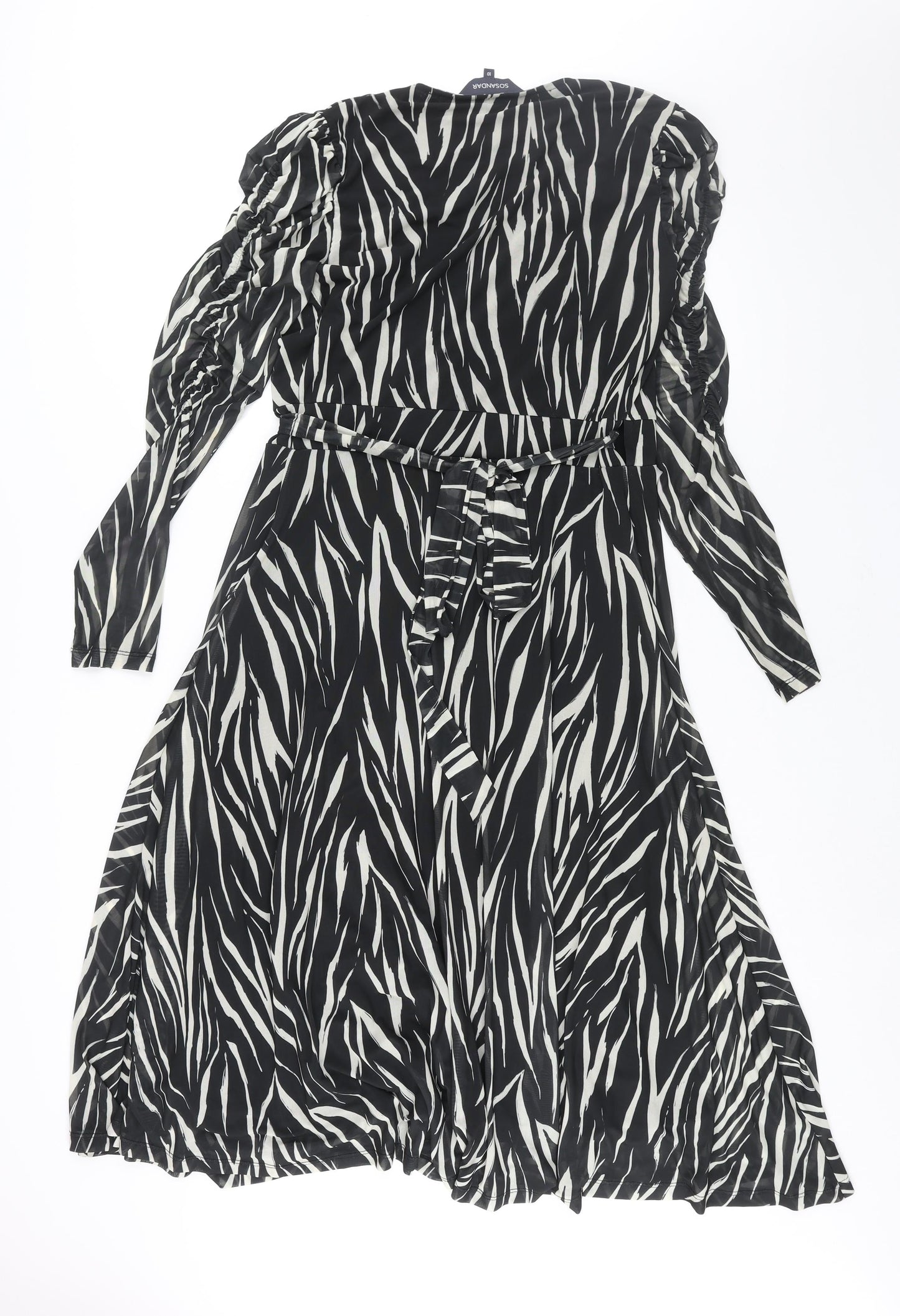 Sosandar Womens Black Geometric Polyester Wrap Dress Size 10 V-Neck Tie
