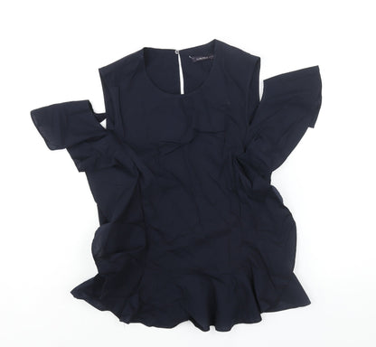 Marks & Spencer Womens Blue Cotton Basic Blouse Size 6 Round Neck - Frill Shoulder Cut Out