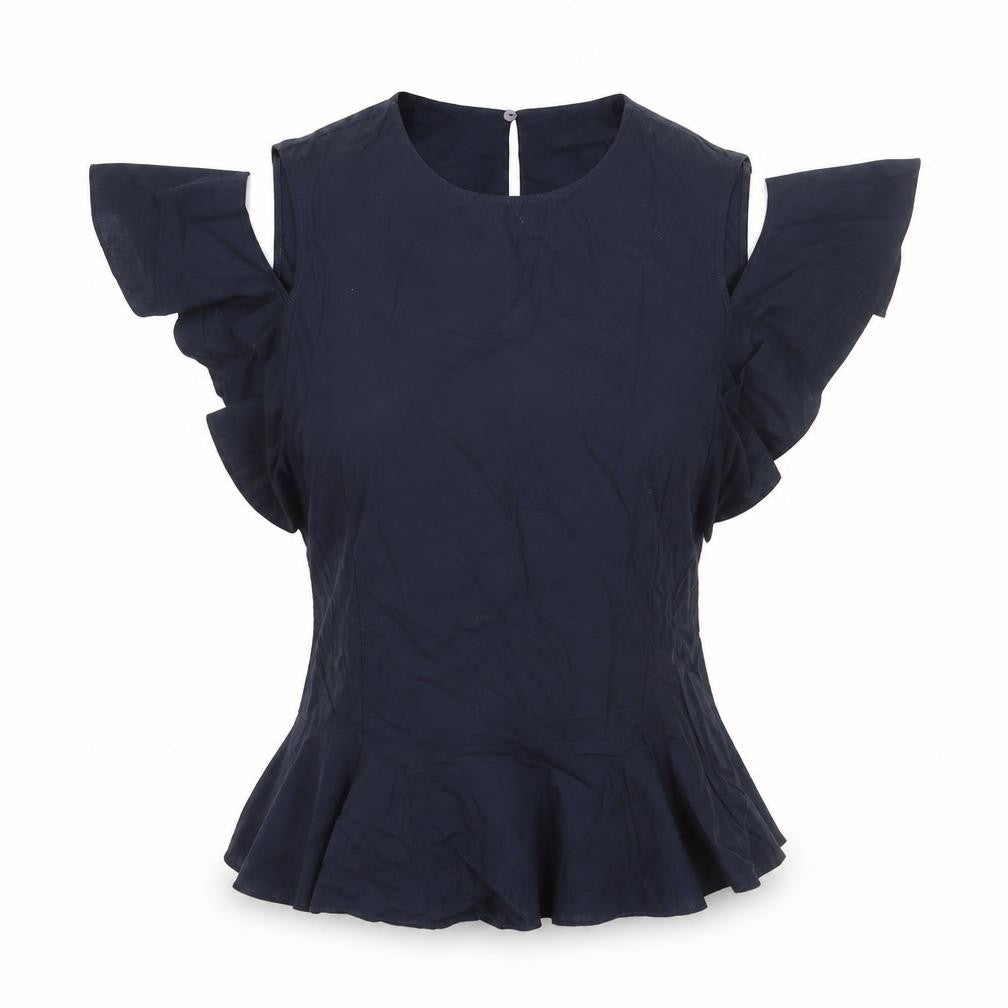 Marks & Spencer Womens Blue Cotton Basic Blouse Size 6 Round Neck - Frill Shoulder Cut Out