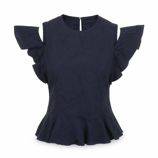 Marks and Spencer Womens Blue Cotton Basic Blouse Size 6 Round Neck - Frill Shoulder Cut Out