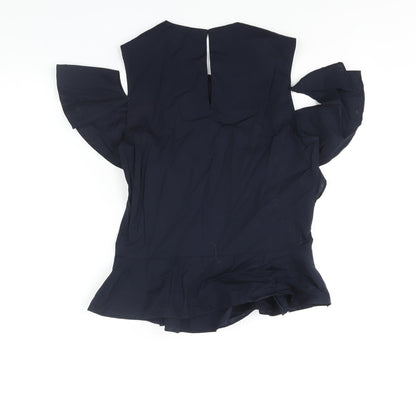 Marks & Spencer Womens Blue Cotton Basic Blouse Size 6 Round Neck - Frill Shoulder Cut Out
