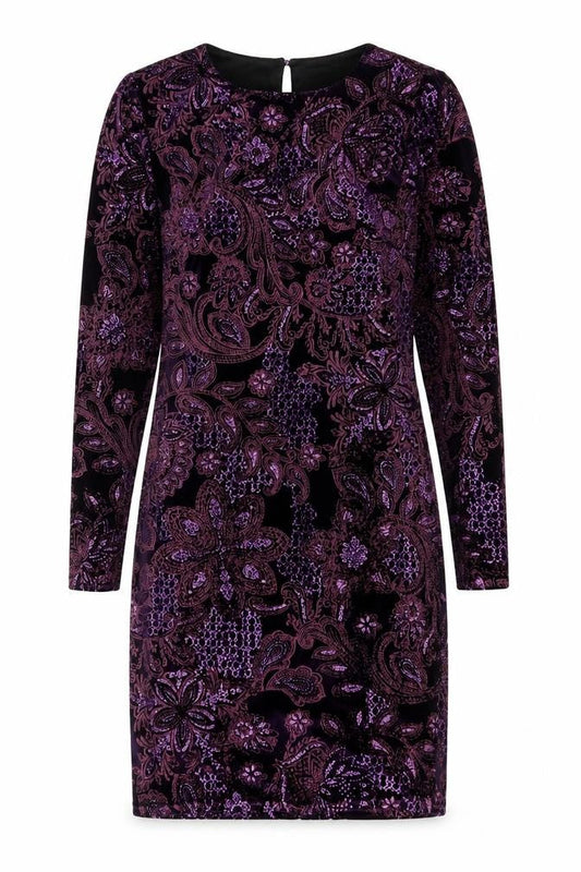Next Womens Purple Fair Isle Polyester Sheath Size 10 Boat Neck Button - Embroidered, Glitter