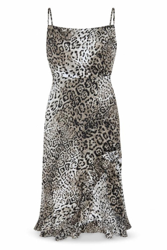 Front view of Missguided women’s grey animal print polyester a-line, size UK 12, cowl neck zip