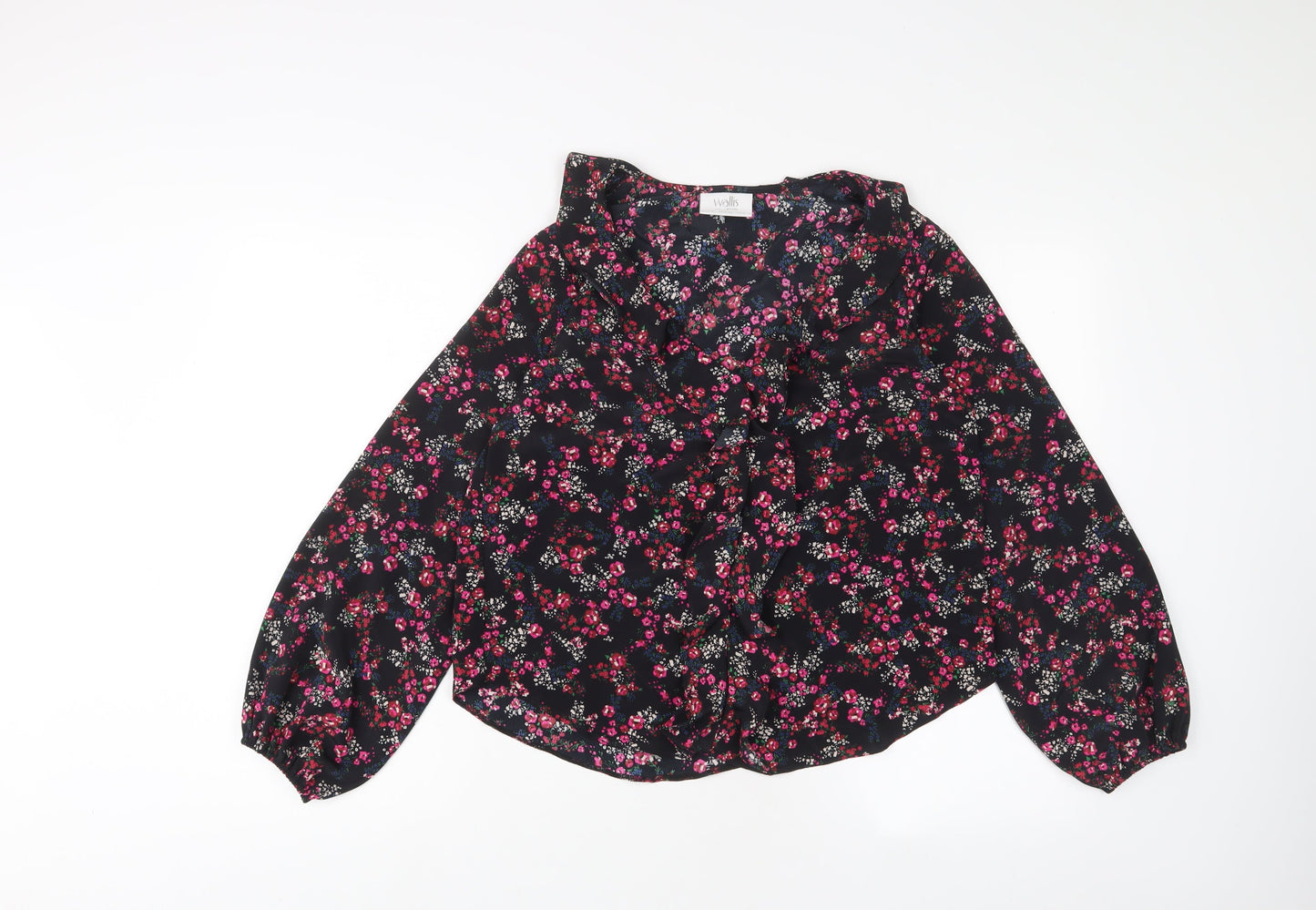 Wallis Womens Black Floral Polyester Basic Blouse Size 10 V-Neck