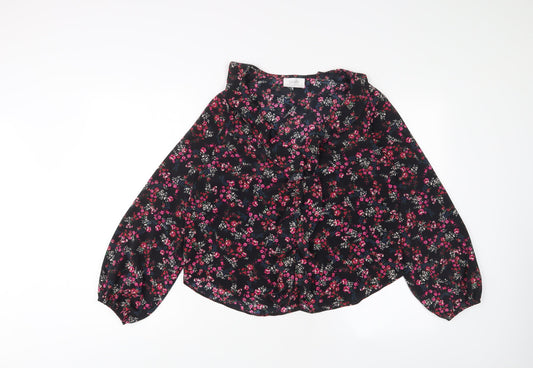 Wallis Womens Black Floral Polyester Basic Blouse Size 10 V-Neck