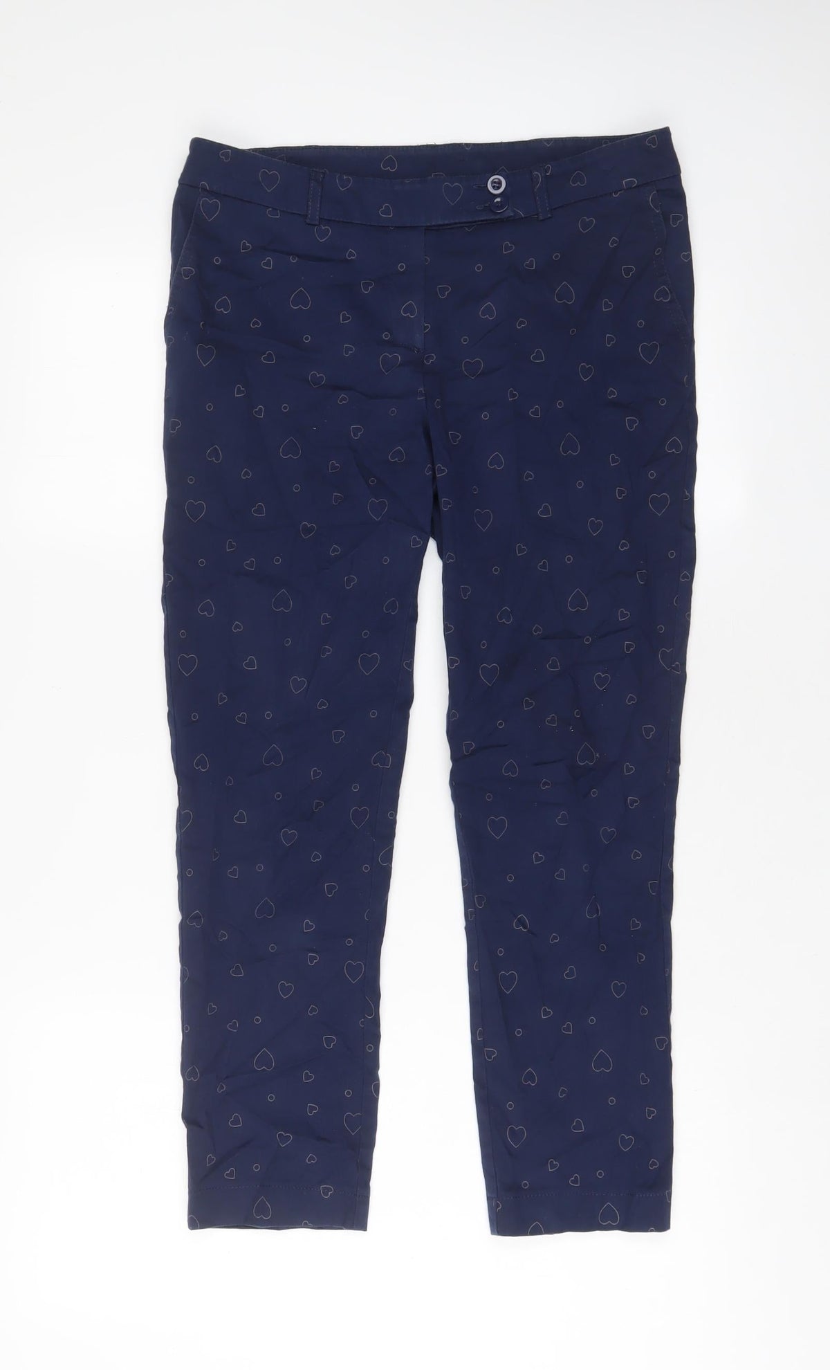 Next Womens Blue Geometric Cotton Trousers Size 30 in L24 in Regular Zip - Heart Pattern