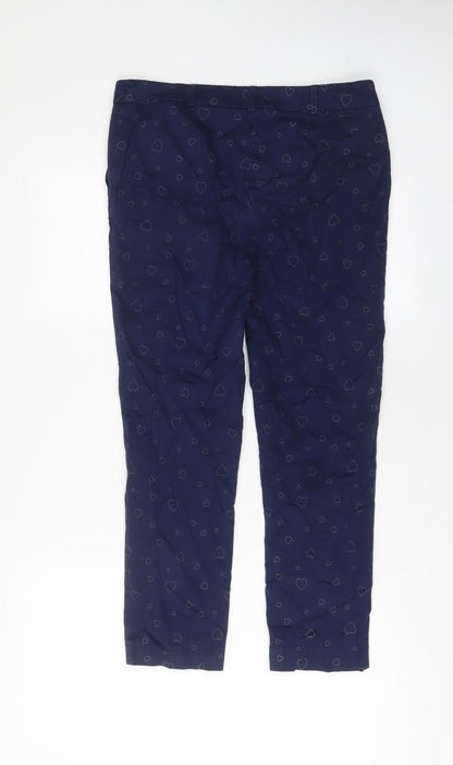 Next Womens Blue Geometric Cotton Trousers Size 30 in L24 in Regular Zip - Heart Pattern