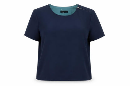 Front view of Autograph women’s blue polyester basic t-shirt, size UK 10, crew neck