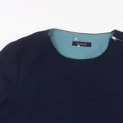 Close-up detail of Autograph women’s blue polyester basic t-shirt, size UK 10, crew neck