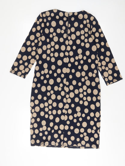 Back view of Roman women’s blue polka dot polyester sheath, size UK 10, boat neck zip