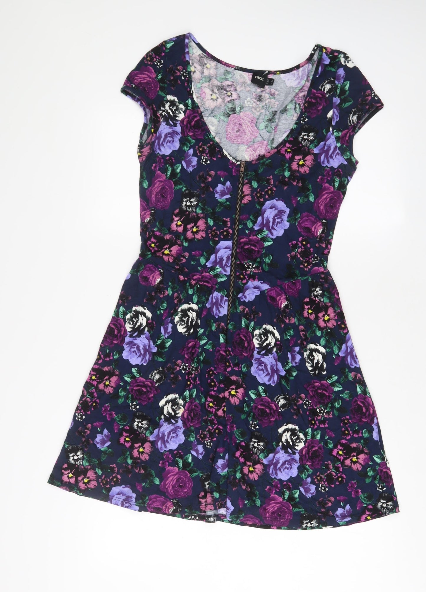 ASOS Womens Purple Floral Viscose A-Line Size 12 V-Neck Zip